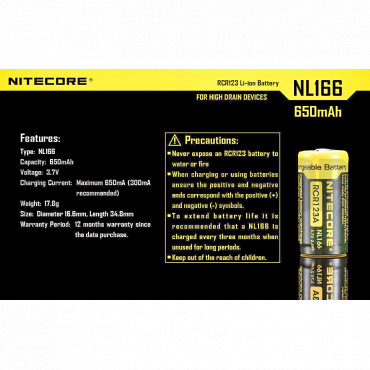 Batería NITECORE CR2 / RCR123A 650mAh recargable
